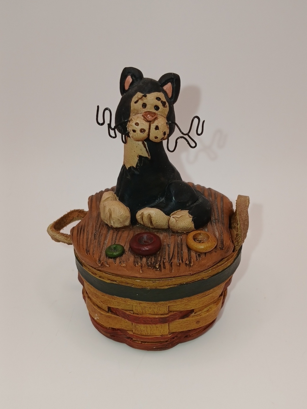 Vintage Blossom Bucket Cat Sitting on Basket Trinket Box by Suzi Skoglund